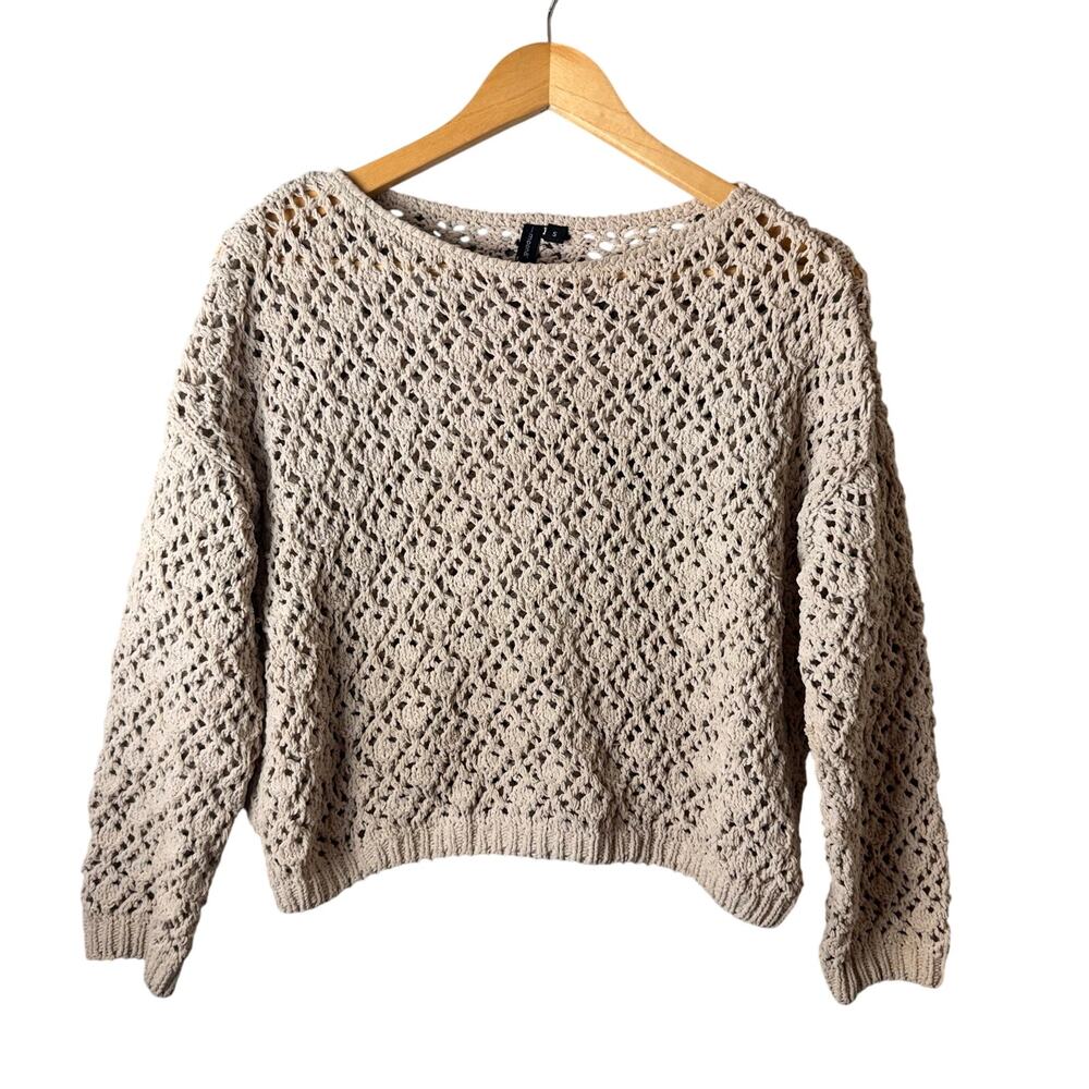 beige open-knit pullover sweater featuring textured crochet pattern long sleeves